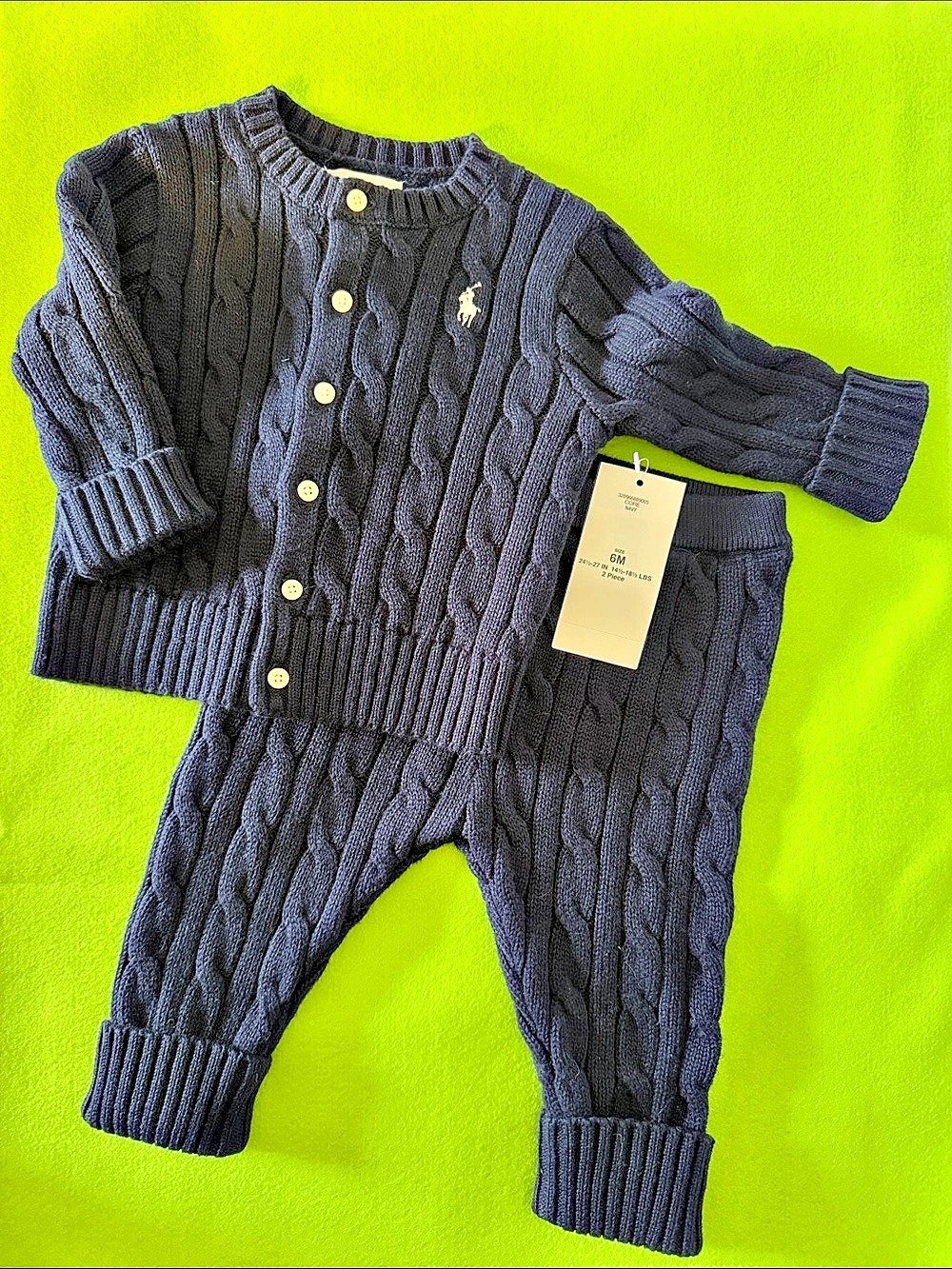 Ralph Lauren Cable-Knit Cotton Cardigan & Pant Set Navy Blue Baby 6M